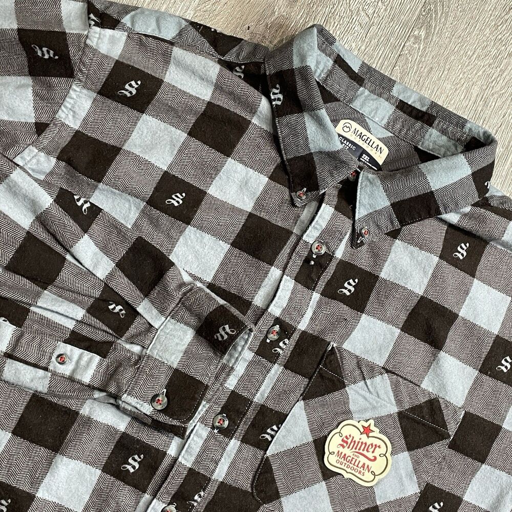 Magellan x Shiner Flannel Shirt Mens 2XL Black Blue Plaid Beer Outdoor Soft